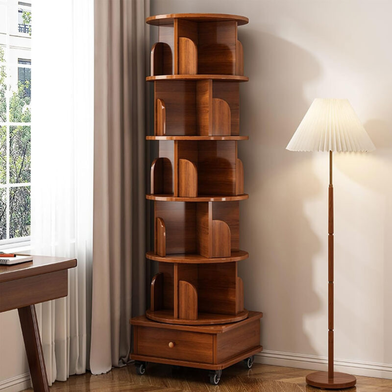 (UPGRADED) Rotating Bookshelf, 360 Display Corner Bookshelf for Small Space, 6 Tier Bookcase Storage Rack with Wheels, Wood Narrow Organizer for Bedroom, Living Room, Study Room, Walnut Brown - Image 10