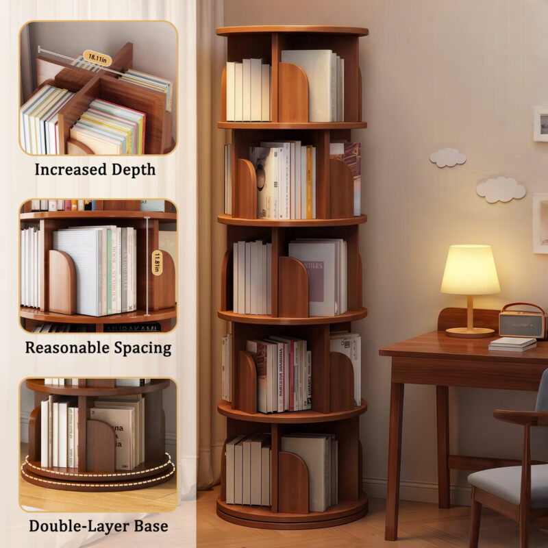 5 Tier Rotating Bookshelf, 360° Display Round Spinning Bookshelf, Space-Saving, Small Space Rotating Bookshelf Tower for Bedroom, Living Room, Home, Office, Wood Color - Image 6
