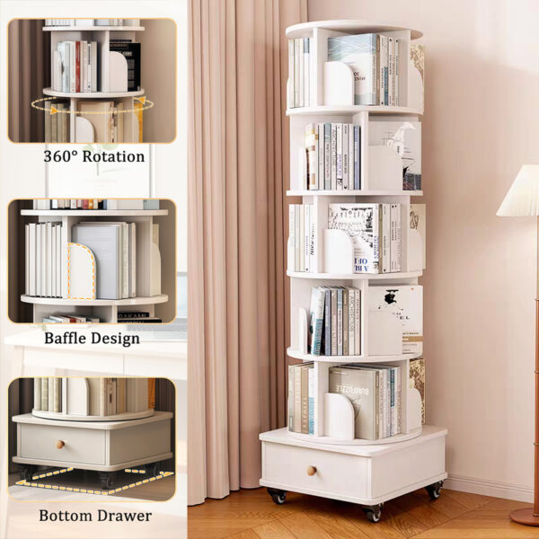 (UPGRADED) Rotating Bookshelf, 360 Display Corner Bookshelf for Small Space, 6 Tier Bookcase Storage Rack with Wheels, Wood Narrow Organizer for Bedroom, Living Room, Study Room, Walnut Brown
