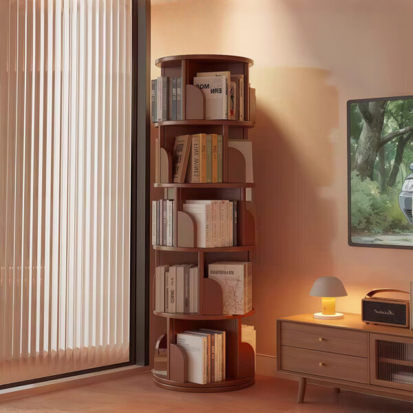 5 Tier Rotating Bookshelf, 360° Display Round Spinning Bookshelf, Space-Saving, Small Space Rotating Bookshelf Tower for Bedroom, Living Room, Home, Office, Wood Color