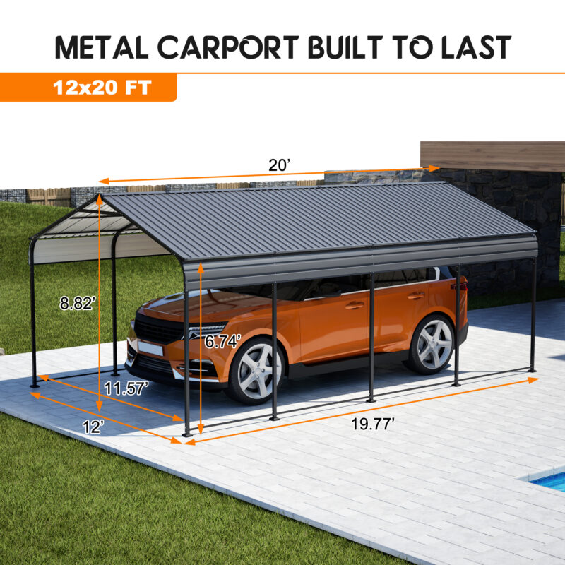 12X20 FT Metal Carport, Outdoor Car Shelter All Weather, Heavy Duty Outdoor Galvanized Car Shelter for Car Boat Truck and SUVs Black - Image 2