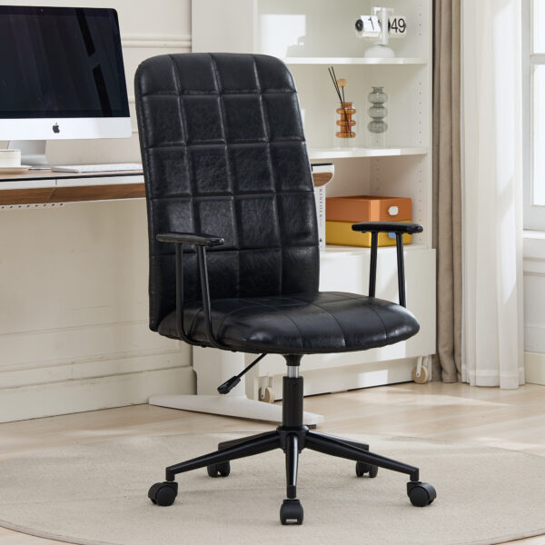 Antique black PU leather color office chair, with armrest, high backrest, soft foam seating, 360 degree swivel , up and down adjustable gaslift,black powder coated frame,five star base, black wheels