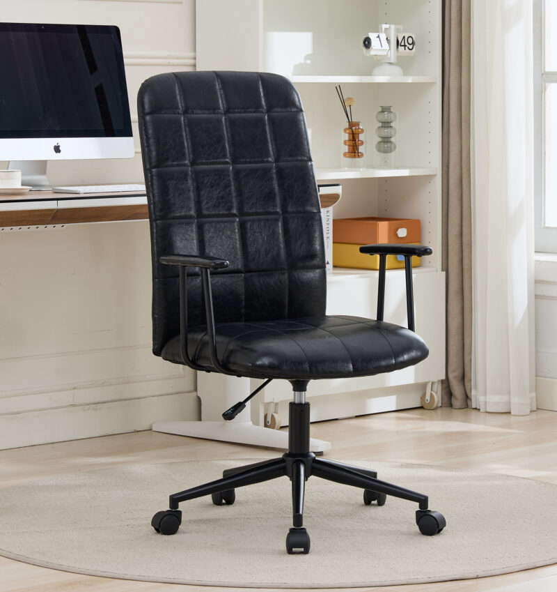 Antique black PU leather color office chair, with armrest, high backrest, soft foam seating, 360 degree swivel , up and down adjustable gaslift,black powder coated frame,five star base, black wheels - Image 5