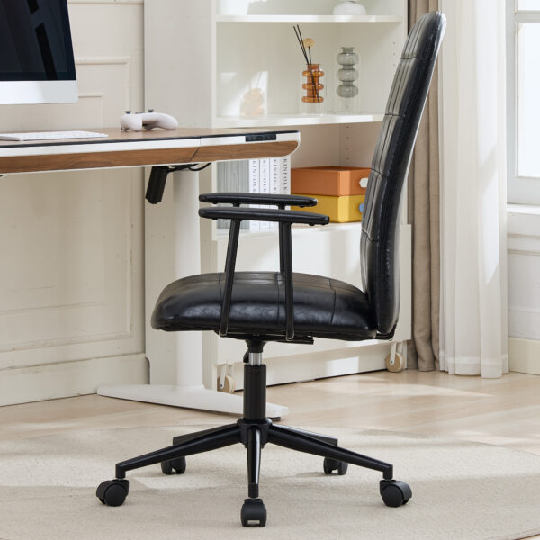 Antique black PU leather color office chair, with armrest, high backrest, soft foam seating, 360 degree swivel , up and down adjustable gaslift,black powder coated frame,five star base, black wheels