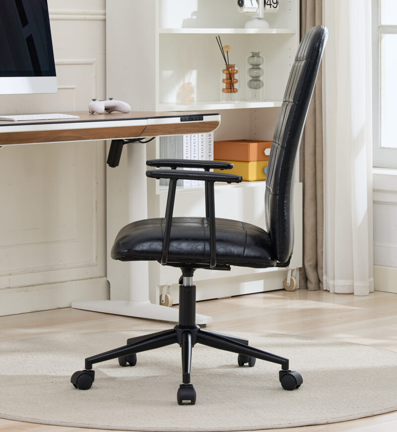 Antique black PU leather color office chair, with armrest, high backrest, soft foam seating, 360 degree swivel , up and down adjustable gaslift,black powder coated frame,five star base, black wheels - Image 3