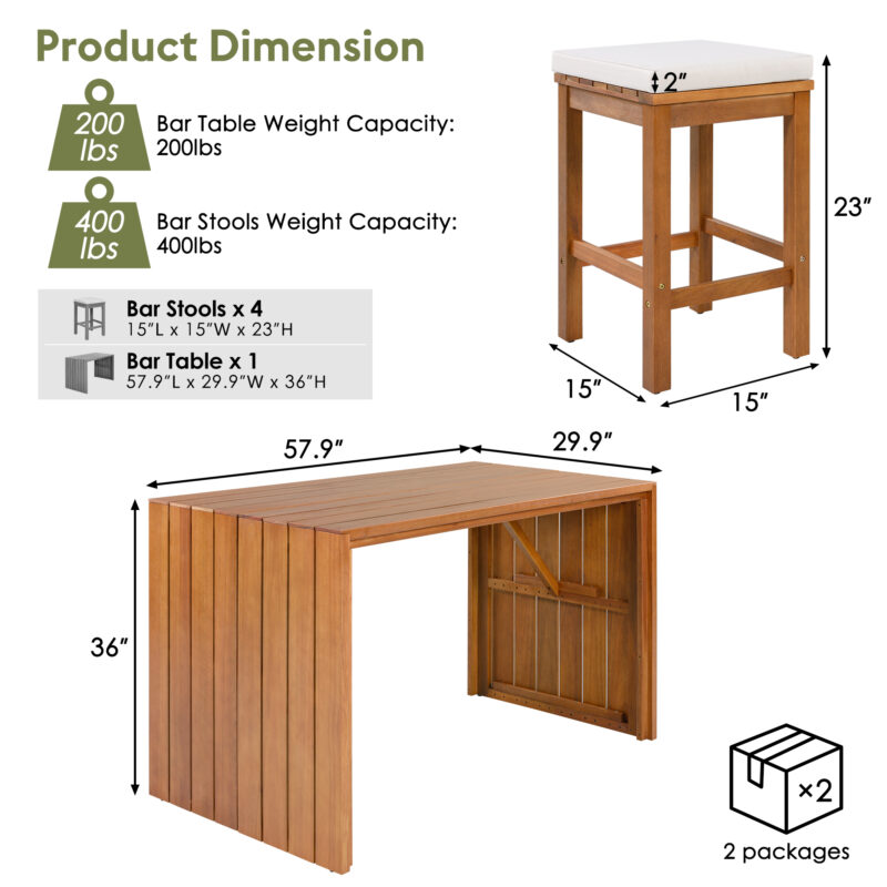 5 Piece Outdoor Bar Set, Patio Acacia Wood Bar Height Table & Four Stools with Cushions, Wood Dining Bar Set for Backyard, Poolside, Balcony, Beige Cushion and Natural Wood - Image 3