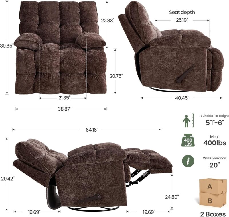 Oversized Rocker Recliner Chair 42” Power Swivel Recliner for Living Room Overstuffed Extra Wide Rocking Recliners with Breathable Soft Fabric Up to 400lbs - Image 2